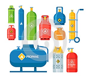 Set of Icons Gas Tanks and Cylinders with Compressed Oxygen, Propane Dangerous Flammable Liquid Isolated on White