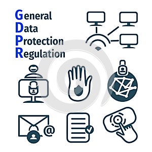 Set of icons about GDPR - General Data Protection Regulation. Personsl data. Schematic. Lock on the computer. Lines icon