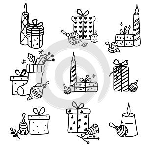 Set of icons with gift boxes, candles, Christmas balls, Christmas stocking. xmas giftbox thin line doodle drawing. Boxes of