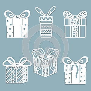 Set of icons, gift boxes for laser cutting, plotter. Stickers for decorating holidays