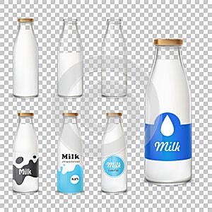 Set of icons glass bottles with a milk In a realistic style