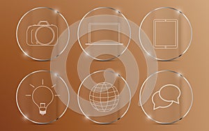 Set of icons on glass circle with metallic edge