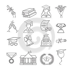 Set of icons for graduation. Linear graduation elements for invitations, posters, greeting cards etc. Graduation icon vector set