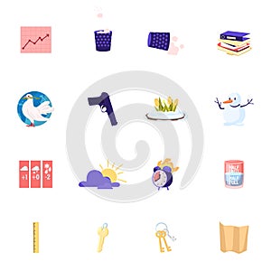 Set of Icons Growing Arrow Chart, Litter Bin and Paper Files with White Dove, Gun, Spring Flowers and Snowman