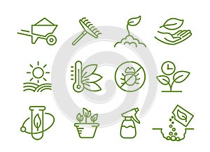 Set of icons. Growing seedlings plant. Agriculture and gardener. Biotechnology plants. Sowing seeds. Vector contour