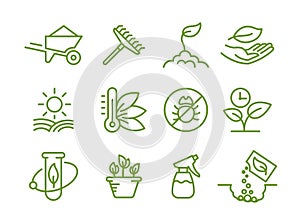 Set of icons. Growing seedlings plant. Agriculture and gardener. Biotechnology plants. Sowing seeds. Vector contour photo