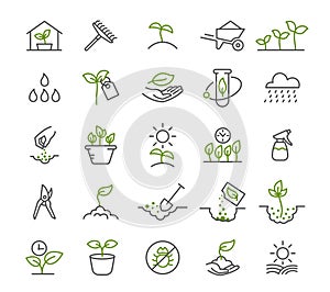 Set of icons. Growing seedlings plant shoots. Agriculture and agronomist. Biotechnology plants and flasks. Vector