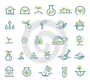 Set of icons growing seedlings. Plant shoots. Seedlings agriculture technology. Vector line hand-drawn sketch.