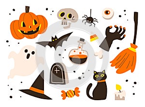 Set of icons for for Halloween. Pumpkin, ghost, bat, candy, Witch hat, and other items on Halloween theme