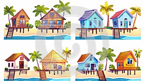 The set of icons includes bungalows, beach houses on piles with terraces, wooden private buildings, villas, hotels