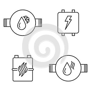 Set of icons of individual meters for water, electricity, gas. Simple linear representation of utility meters of