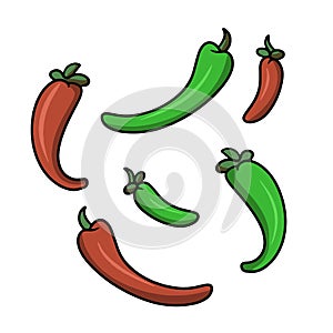 Set of icons ingredients for cooking, red and green hot pepper, vector illustration in cartoon style