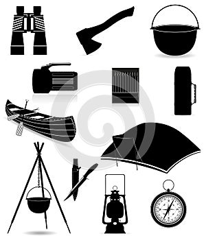 Set icons items for outdoor recreation black silho