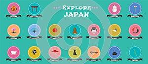 Set of icons with Japanese landmarks, objects, architecture in vector