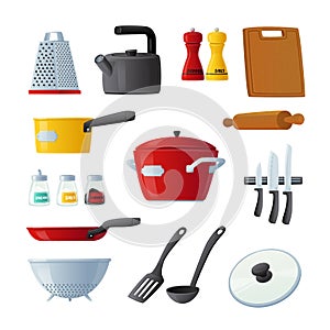 Set of Icons Kitchenware and Utensils Cooking Pan, Turner, Rolling Pin and Cutting Board, Kettle, Knives and Grater