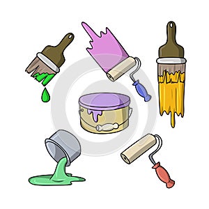 A set of icons, large cans of paint, brushes and paint rollers, vector cartoon