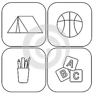 Set of icons of leisure learning logos symbol panel category for website internet order interior for home illustration