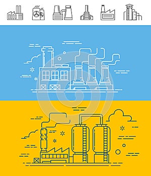 Set icons of linear plants . Abstract images factory industrial buildings