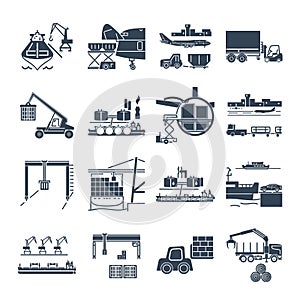 Set of icons loading and unloading of goods, warehousing photo