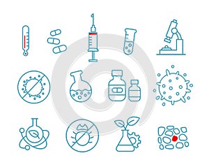 Set of icons medicine health drug. Chemistry and hospital laboratory.