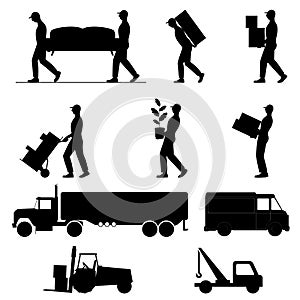 Set of icons of men movers and trucks, black silhouettes on white background