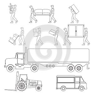 Set of icons of men movers and trucks, line art