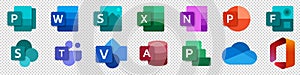 Set icons Microsoft Office 365: Word, Excel, OneNote, Yammer, Sway, PowerPoint, Access, Outlook, Publisher, SharePoint, OneDrive,
