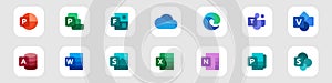 Set icons Microsoft Office 365: Word, Excel, OneNote, Yammer, Sway, PowerPoint, Access, Outlook, Publisher, SharePoint, OneDrive,