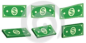 Set icons money dollar, flat and 3D bundle of cash. Vector symbol money for payment of pay, flat and isometric, bundle cash dollar