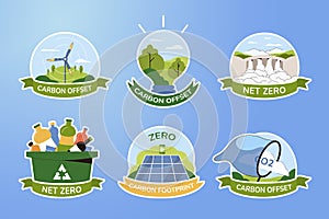 Set icons of net zero and carbon footprint