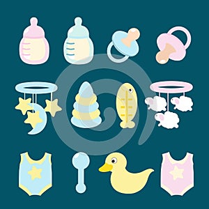 Set of icons for a newborn baby or the first year of life: mobile, comb, feeding bottle, pacifier, rubber duck, body, plastic