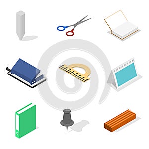 Set of icons, office and school. Flat 3d isometric style, vector illustration.