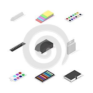 Set of icons, office and school. Flat 3d isometric style, vector illustration