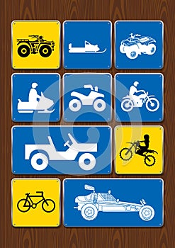 Set of icons of outdoor activities: cycling, motocross, 4x4 vehicle, snowmobile, sand vehicle. Icons in blue color
