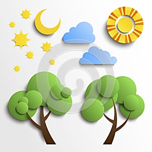 Set of icons. Paper cut design. Sun, moon, stars,