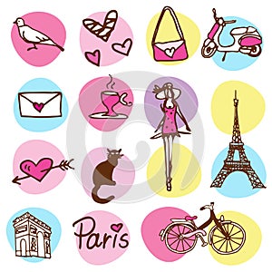 Set of icons. Paris theme. Labels, stickers.