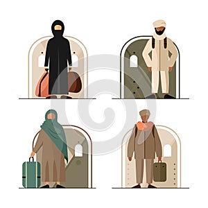 Set of icons - people refugee. Against the doors to the bomb shelter