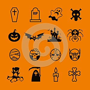 Set of icons and pictograms for Halloween. Pumpkin, ghost, vampire, coffin and more. Isolated. Black and orange color.