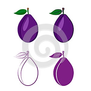 Set of icons of plums with leaves.