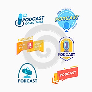 Set of Icons Podcast Banners or Labels for Online Broadcasting. Audio Program Emblems with Microphone and Speech Bubbles