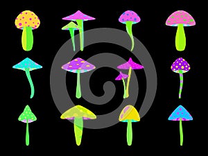 Set of icons of psychedelic mushrooms. Acid trip, bright colorful mushrooms in the style of the 80s. Trippy magic mushrooms.