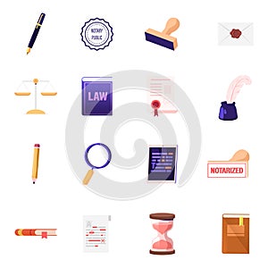 Set of Icons Quill Pen and Rubber Stamper, Letter with Wax Seal Stamp, Scales and Law Book. Scroll Paper Document