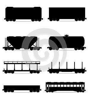 Set icons railway carriage train black outline silhouette vector