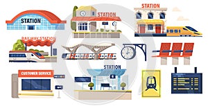 Set of Icons Railway Station Building, Plastic Seats, Electric Train, Platform, Customer Service Booth and Schedule