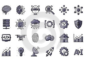 AI technology icons set artificial intelligence.