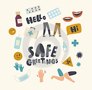 Set Icons Safe Greeting Theme. Alternative Noncontact Greet During Covid19 Pandemic, Social Distancing, Virus Prevention photo