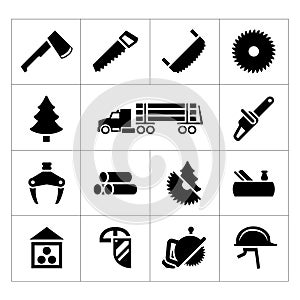 Set icons of sawmill, timber, lumber and woodworking