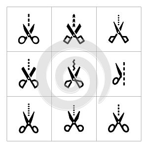 Set icons of scissors with cut line