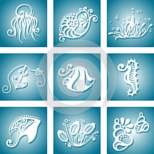 Set Icons of Sea Flora and Fauna