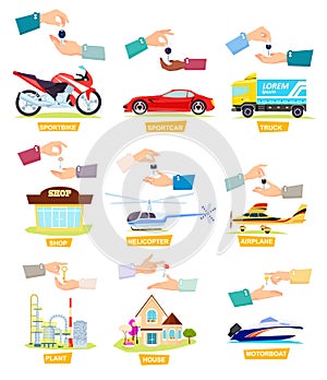 Set of Icons with Selling, Buying Cars, Houses